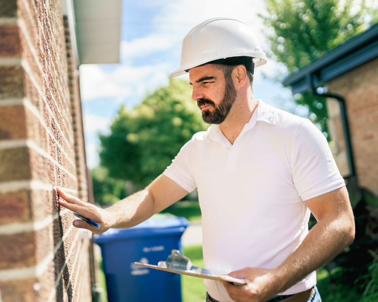 Los Angeles commercial inspector checking foux wall for signs of wear or damage