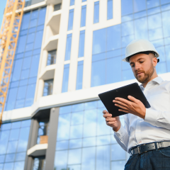 Building inspector checking property exterior