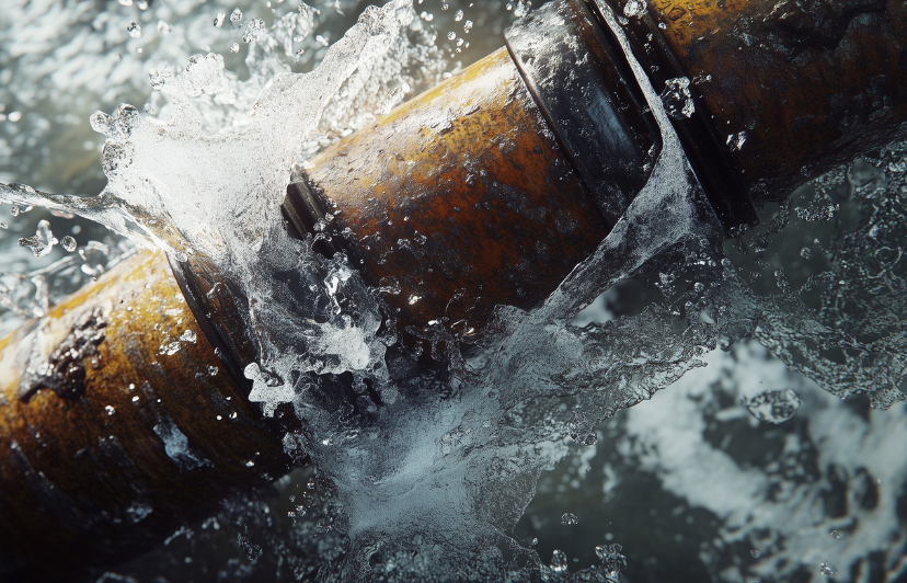 Plumbing pipe leak with visible water damage in residential home inspection