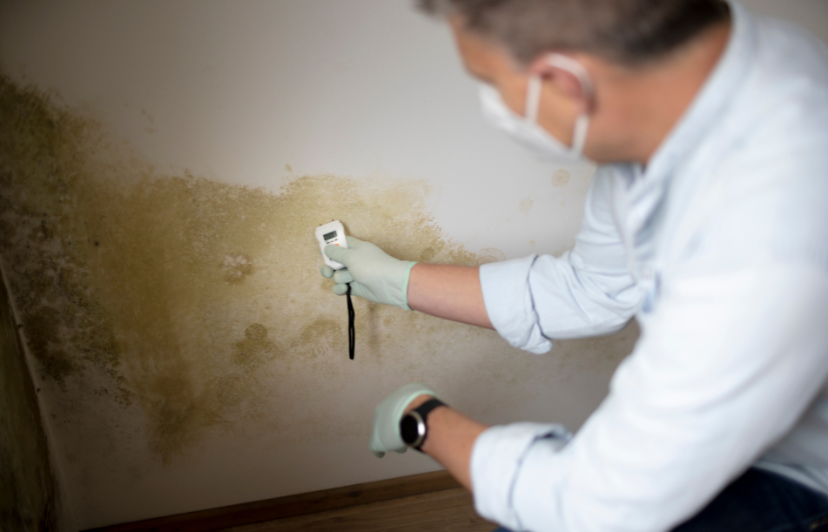 Technician inspecting wall for mold contamination at Los Angeles property